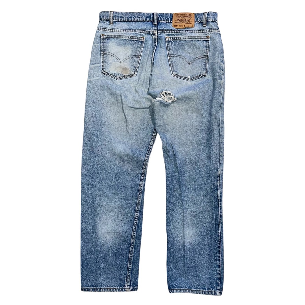 Levis 505 Regular Fit Straight Leg Jeans Mens 35x28 Light Wash Distressed Blue